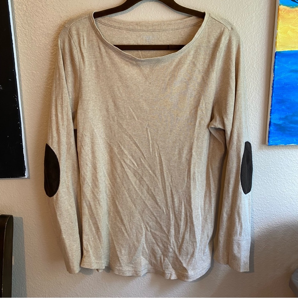 Lands' End Canvas Tan Beige Cotton Sweater Preppy Elbow Pads Long Sleeve Blouse